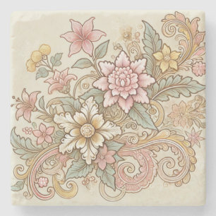 Posavasos De Piedra Color beige rosado amarillo boho floral baticolor