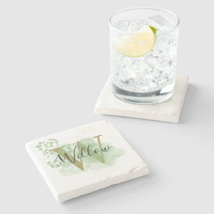 Posavasos De Piedra Color de agua verde personalizado e inicio floral