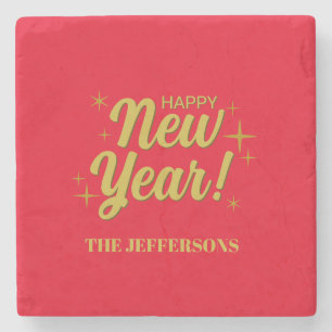 Posavasos De Piedra Color Dorado Rojo Feliz Año Nuevo Feliz Navidad