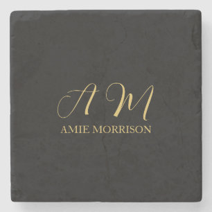 Posavasos De Piedra Colores Oro Negro Monograma Inicial Letra Nombre