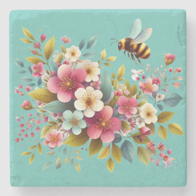Posavasos De Piedra Colorida, Primavera/Abeja floral (Anverso)