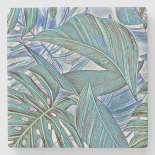 Posavasos De Piedra Coloridas hojas tropicales azules de color verde a