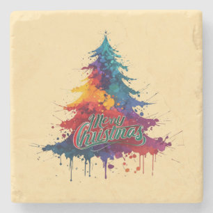 Posavasos De Piedra Colorido arte de árbol de Navidad - Feliz Deco de 