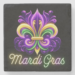 Posavasos De Piedra Colorido Fleur de lis de neón de Mardi Gras