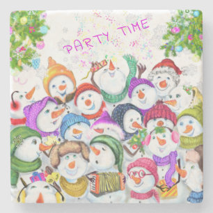 Posavasos de piedra con fiesta de muñecos de nieve