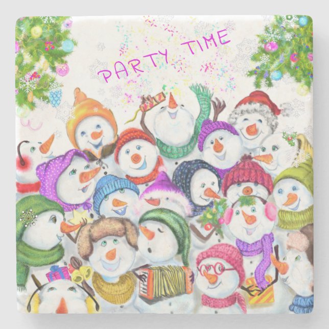 Posavasos de piedra con fiesta de muñecos de nieve (Anverso)
