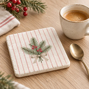 Posavasos de piedra con franja roja y bayas de pin
