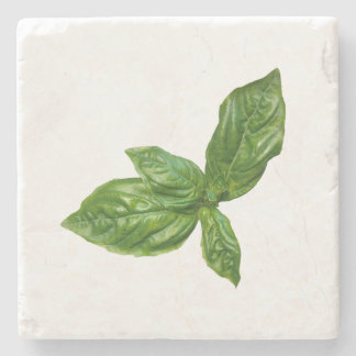 Posavasos de piedra con hojas de albahaca