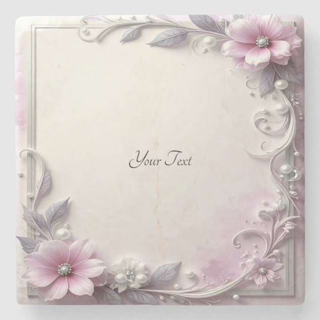 Posavasos de piedra con marco floral rosa (Anverso)