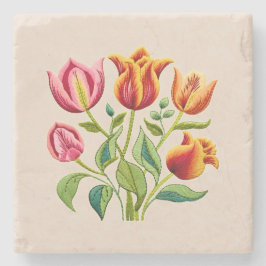 Posavasos de Piedra con Ramo de Tulipanes Rojos