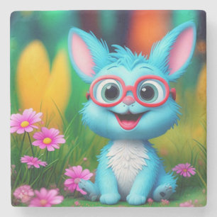 Posavasos De Piedra Conejito azul sonriente lindo con lentes de gafas-