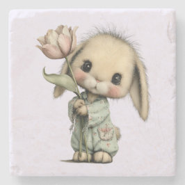 Posavasos De Piedra Conejito lindo sosteniendo un tulipán