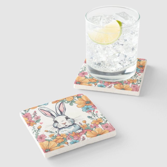 Posavasos De Piedra Conejo rodeado de flores (Lateral)