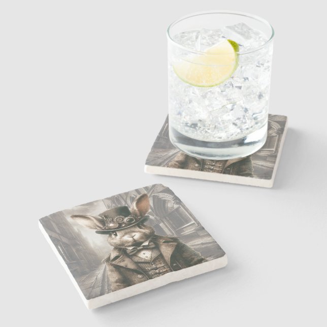 Posavasos De Piedra Conejo Steampunk en Londres (Lateral)