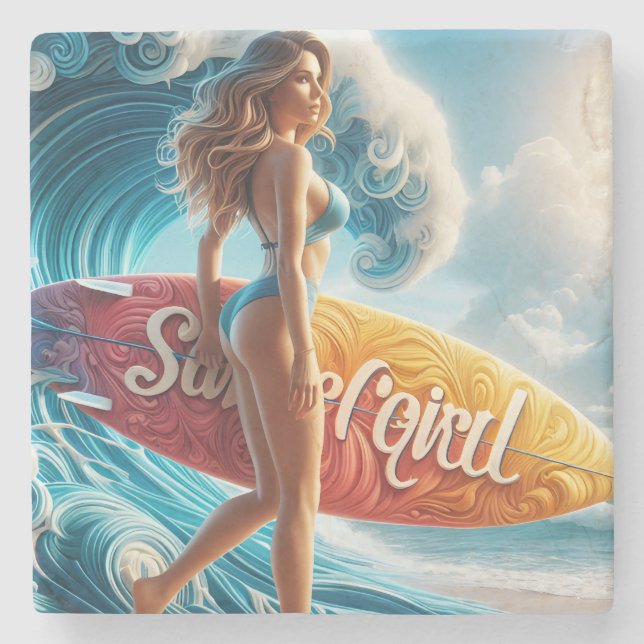 Posavasos De Piedra Confident Surfer Girl Walking Beach Waves Art (Anverso)