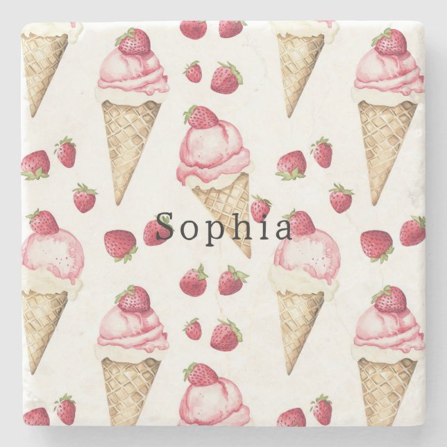 Posavasos De Piedra Conos de Helado de Fresa (Anverso)