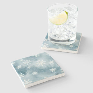 Posavasos De Piedra Copos de Nieve Azul Pálido Acuarela Invierno