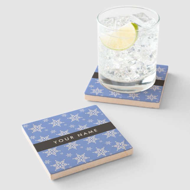 Posavasos De Piedra Copos de nieve blancos, azul, tu nombre, personali (Lateral)