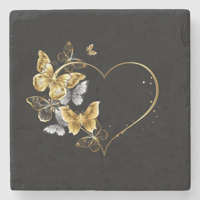 Posavasos De Piedra Corazón con mariposas doradas (Anverso)