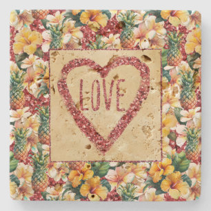 Posavasos De Piedra Corazón de amor Purpurina Rojo Floral Tropical Pin