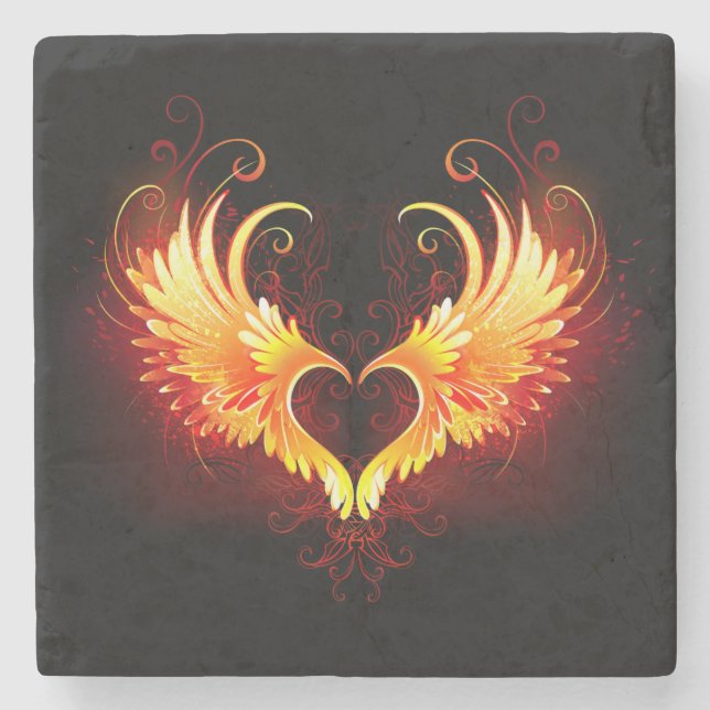 Posavasos De Piedra Corazón de fuego angélico con alas (Anverso)