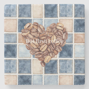 Posavasos De Piedra Corazón de Granos de Café Crema de Mezclilla Azul