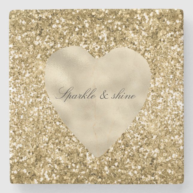 Posavasos De Piedra Corazón de Oro Glitter Personalizado             (Anverso)