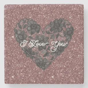Posavasos De Piedra Corazón floral de encaje falso blanco negro