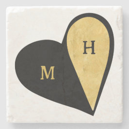 Posavasos De Piedra Corazón Monograma Romántico Negro y Dorado