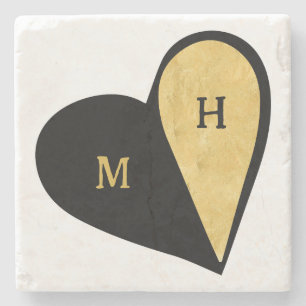 Posavasos De Piedra Corazón Monograma Romántico Negro y Dorado