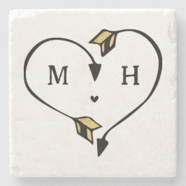 Posavasos De Piedra Corazón negro y dorado con flecha Monograma románt