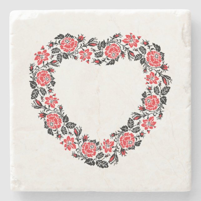 Posavasos De Piedra Corazón original de flores rojas costillas (Anverso)