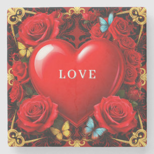 Posavasos De Piedra Corazón Rojo Romántico Enmarcado por Rosas y Marip