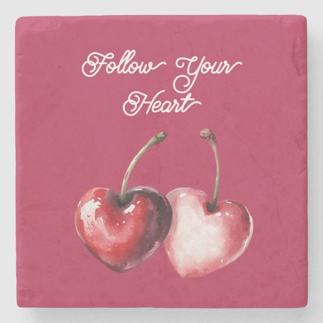 Posavasos De Piedra Corazones de Cereza Rojos (Anverso)