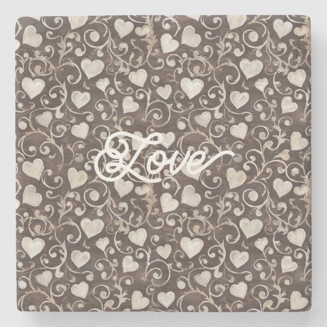 Posavasos De Piedra Corazones de Crema Marrón (Anverso)
