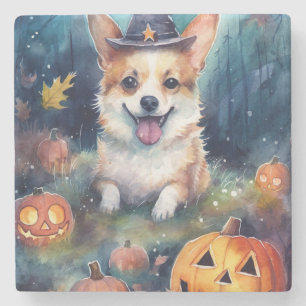 Posavasos De Piedra Corgi de Halloween con calabazas espeluznante