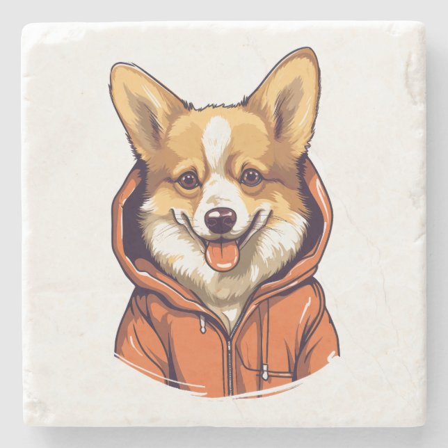 Posavasos De Piedra Corgi Divertido con Sudadera (Anverso)