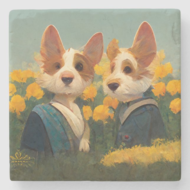 Posavasos De Piedra Corgi galés en el jardín de flores (Anverso)