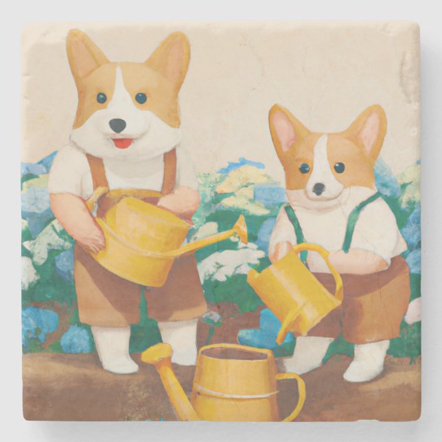 Posavasos De Piedra Corgi galés regando el jardín de flores (Anverso)
