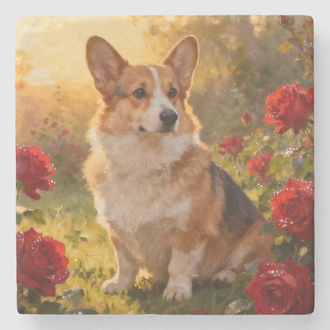Posavasos De Piedra Corgi in the Roses III (Anverso)