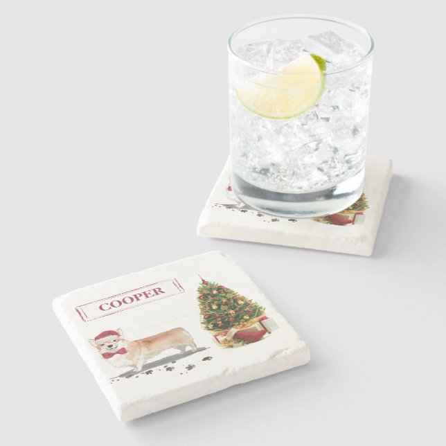 Posavasos De Piedra Corgi Navidades graciosos perro con árbol (Lateral)