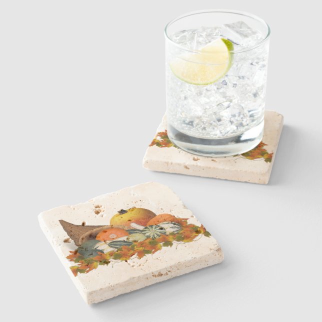 Posavasos De Piedra Cornucopia con Fall Gourds (Lateral)