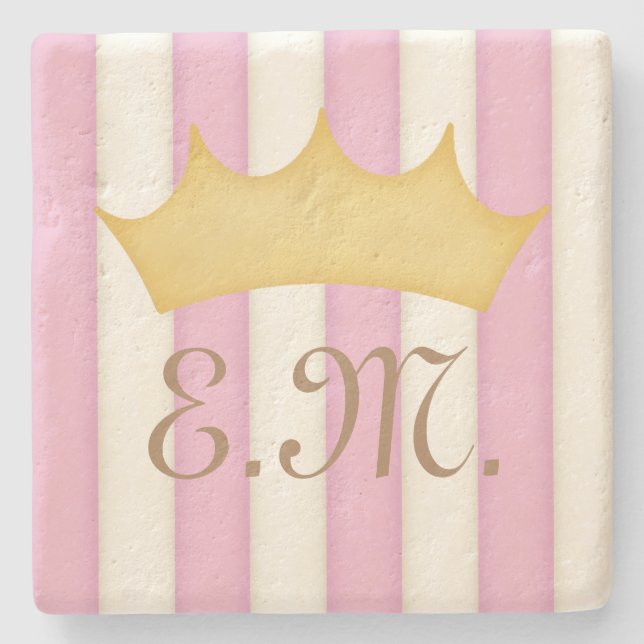 Posavasos De Piedra Corona de Monograma Princesa de Rayas Rosadas Vict (Anverso)