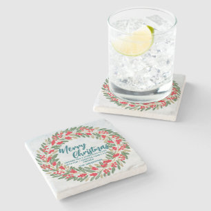 Posavasos De Piedra Corona de Navidad elegante roja con bayas de acebo