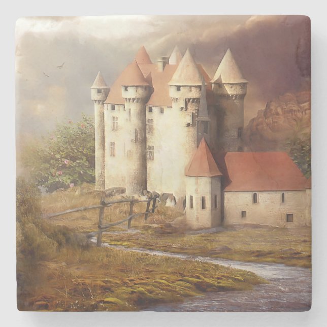Posavasos De Piedra Correr río Castillo Medieval (Anverso)