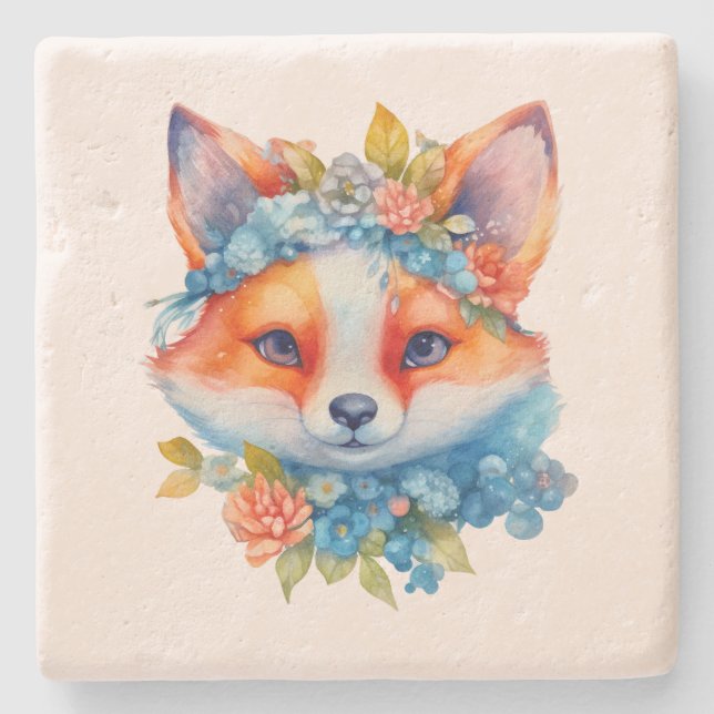 Posavasos De Piedra Corto Naranja Fox con corona floral (Anverso)