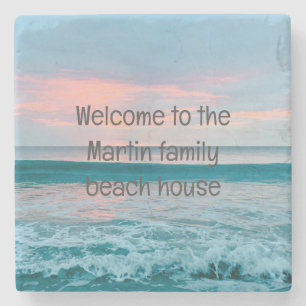 Posavasos De Piedra Costa de la playa amanecer montaña azul personaliz