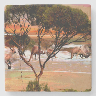 Posavasos De Piedra "Costeras: Kangaroos en la costa en petróleo"