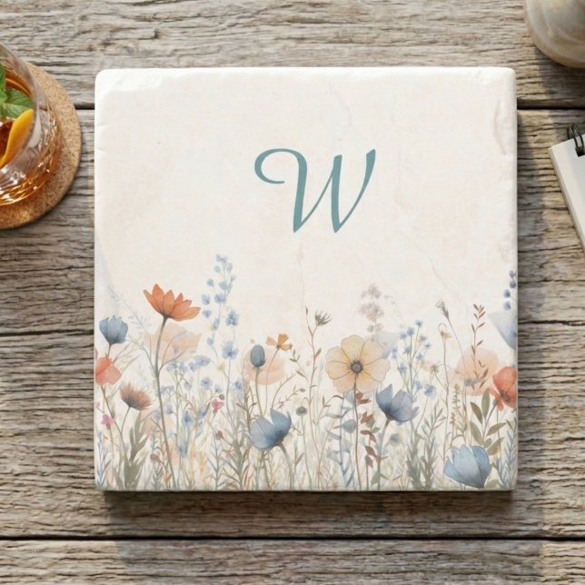 Posavasos De Piedra Cozy Wildflower Meadow Monogram – Botanical  (Wildflower monogram drink coaster)