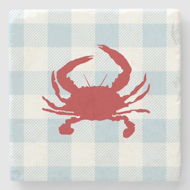 Posavasos De Piedra Crab Rojo Nautical Gingham Check (Anverso)